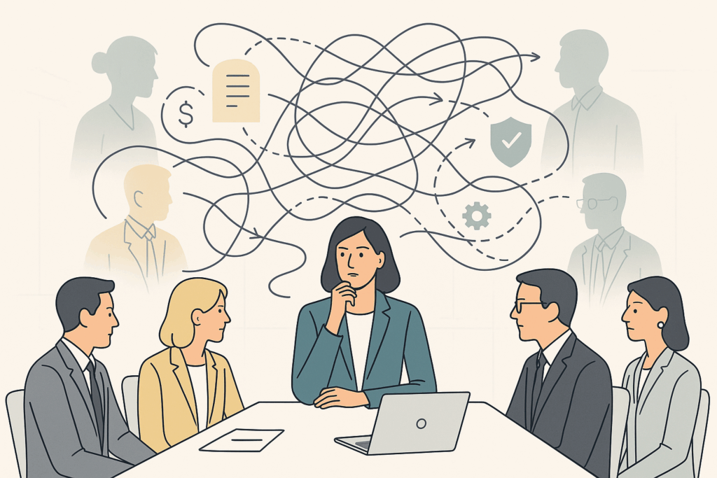 A modern businesswoman sits at the center of a corporate boardroom, surrounded by tangled lines and silhouetted figures symbolizing key stakeholders in a complex B2B buying process. Icons for finance, security, and operations float around her, representing conflicting priorities in enterprise sales. Clean, flat vector style with soft pastel tones.
