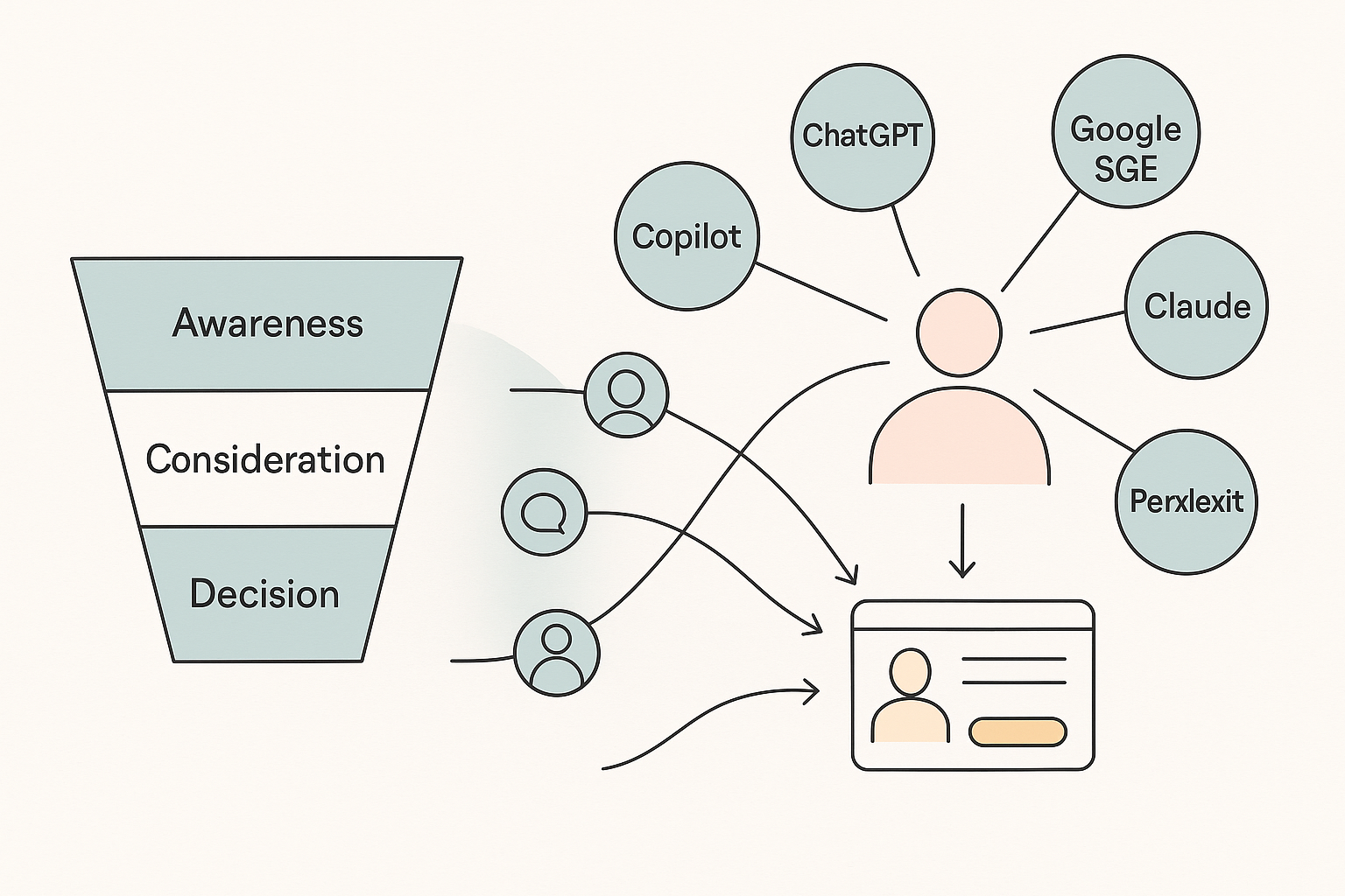 AI tools guiding a buyer through non-linear discovery paths, while a traditional funnel fades in the background.