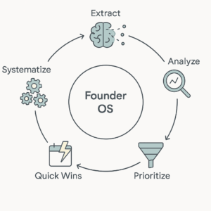 A circular diagram showing the five steps of the Founder OS framework: Extract, Analyze, Prioritize, Capture Quick Wins, and Systematize, connected in a continuous loop around a central hub.