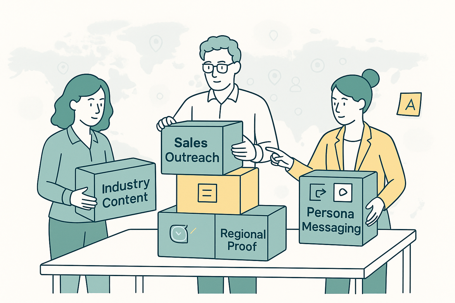 Three marketing professionals stacking labeled blocks labeled 'Sales Outreach,' 'Regional Proof,' and 'Persona Messaging'—a metaphor for building real ABM plays at the segment level.