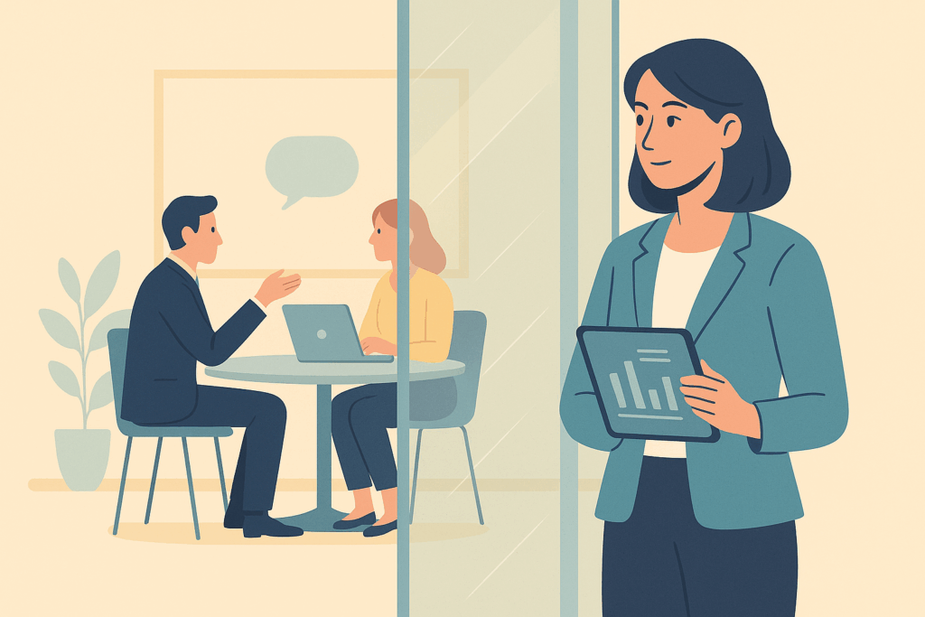 Illustration of a woman holding a tablet, watching a customer-partner meeting through a glass wall, symbolizing behind-the-scenes vendor influence