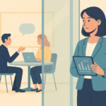 Illustration of a woman holding a tablet, watching a customer-partner meeting through a glass wall, symbolizing behind-the-scenes vendor influence