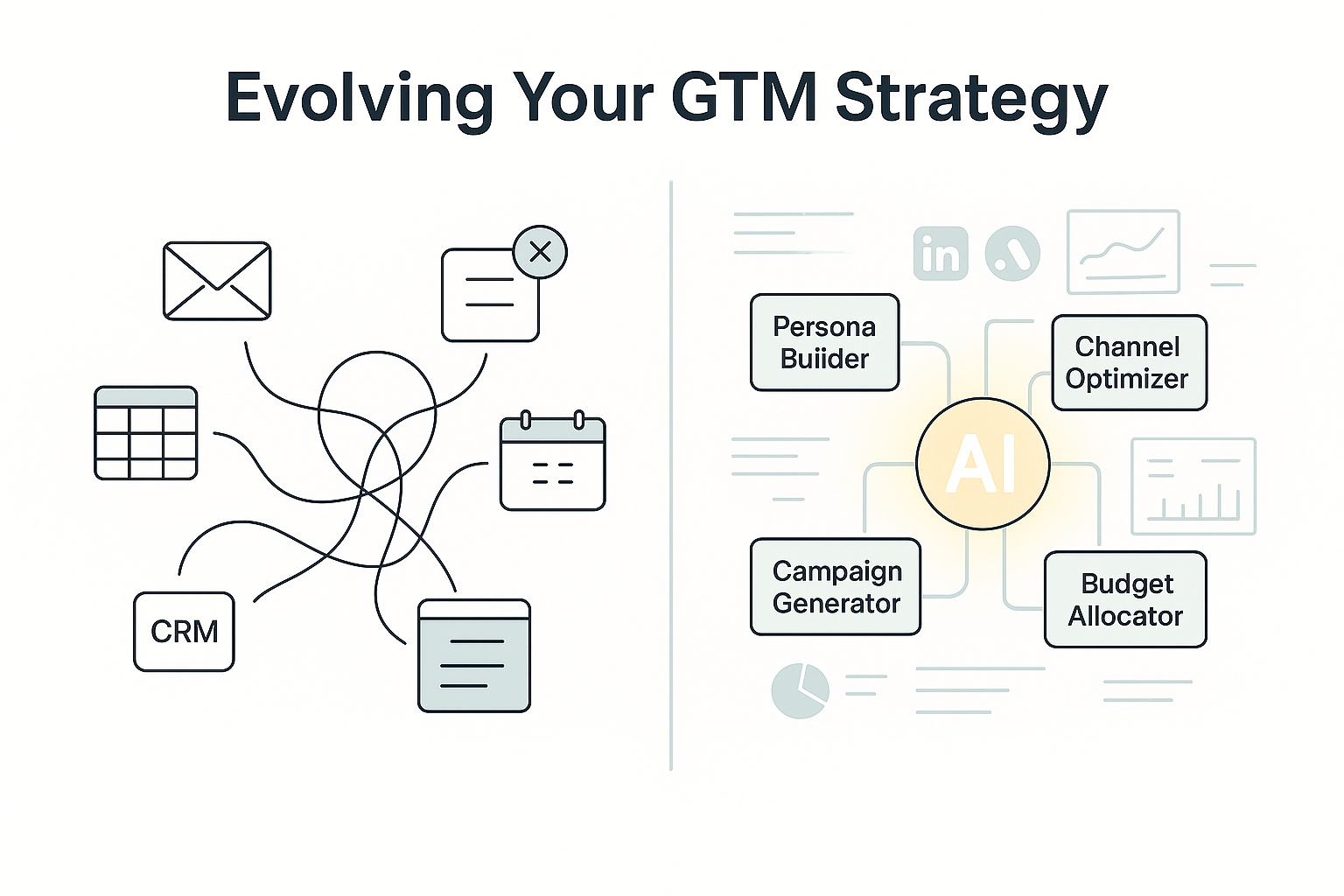 Illustration showing transformation from old GTM chaos with disconnected tools to AI-first GTM operating model with central AI hub, persona builder, channel optimizer, and campaign generator