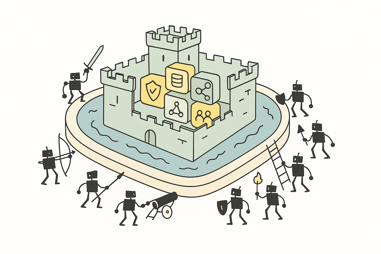 illustration of a fortified fort with water moat protecting GTM icons for trust, data, distribution, system design, community, and culture against AI robot attackers.