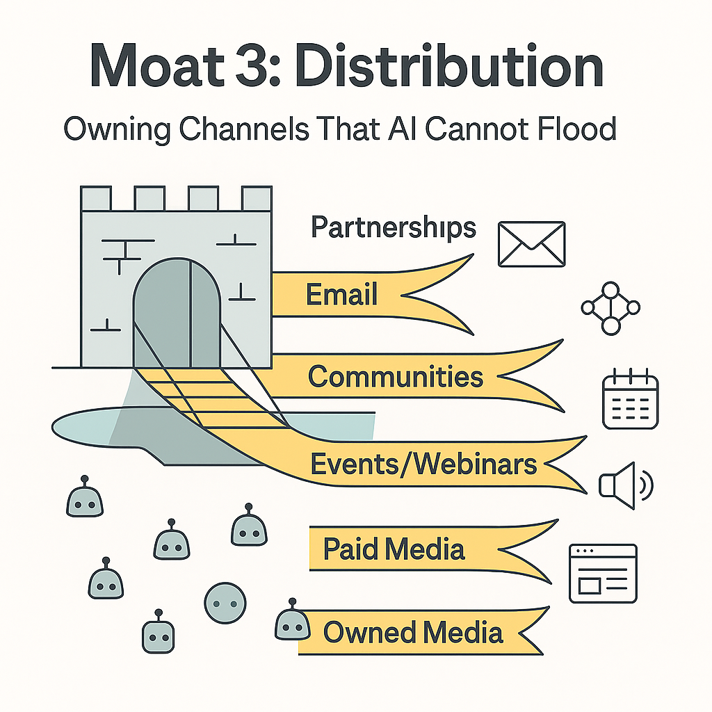 fortified moat with bridges marked for email, partnerships, communities, events, paid media, and owned media, with overlay title “Moat 3: Distribution, Owning Channels That AI Cannot Flood.