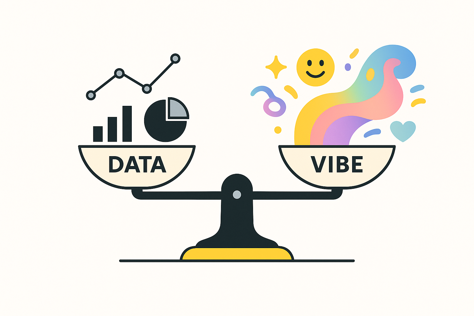 Vector illustration of a balanced scale showing DATA with charts and graphs on one side and VIBE with colorful abstract waves on the other, tilted slightly toward data.