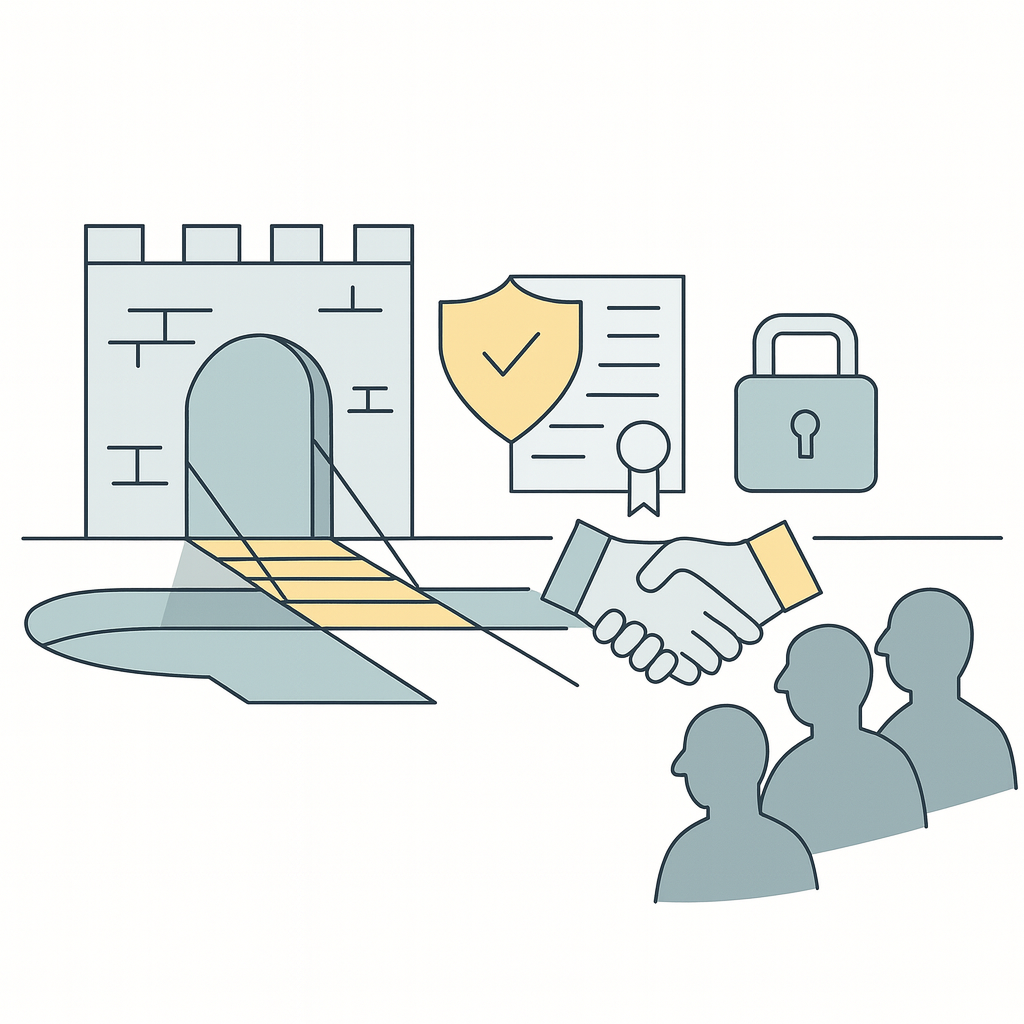 AI Moat 2 illustration showing a fortified castle with a lowered drawbridge, guarded by icons of trust such as a shield, seal, lock, and handshake