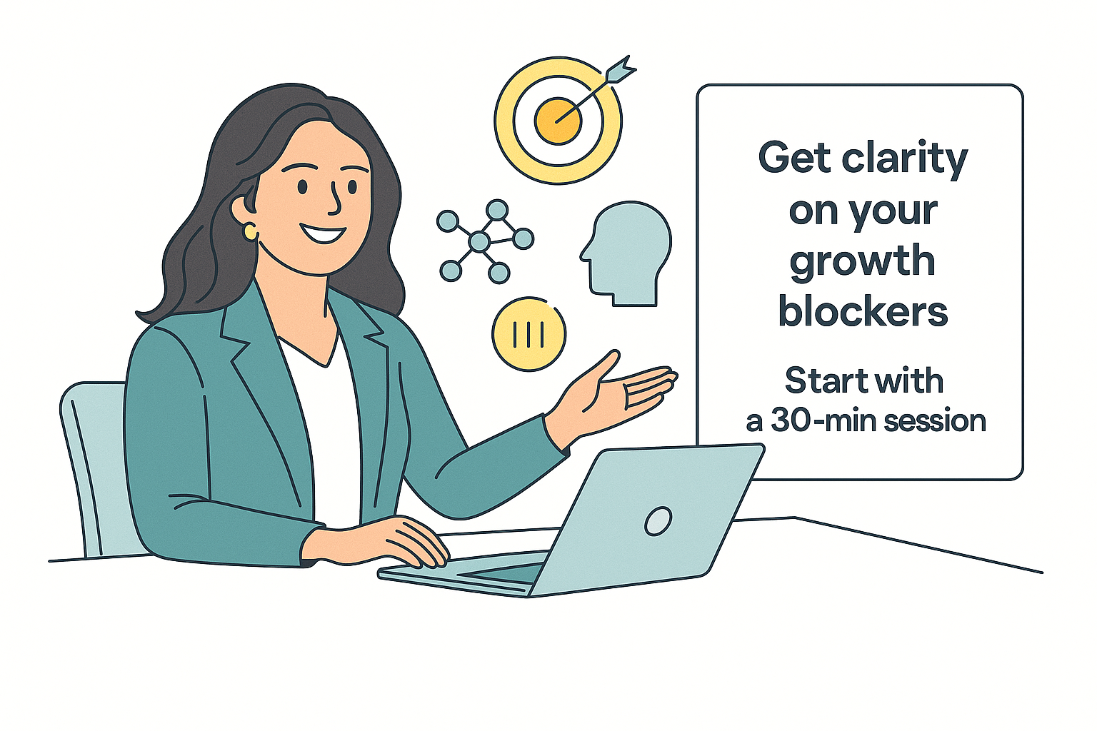 B2B marketing strategist illustration showing Jahnavi Ray guiding growth with AI signals, ABM targeting, and buyer psychology icons.
