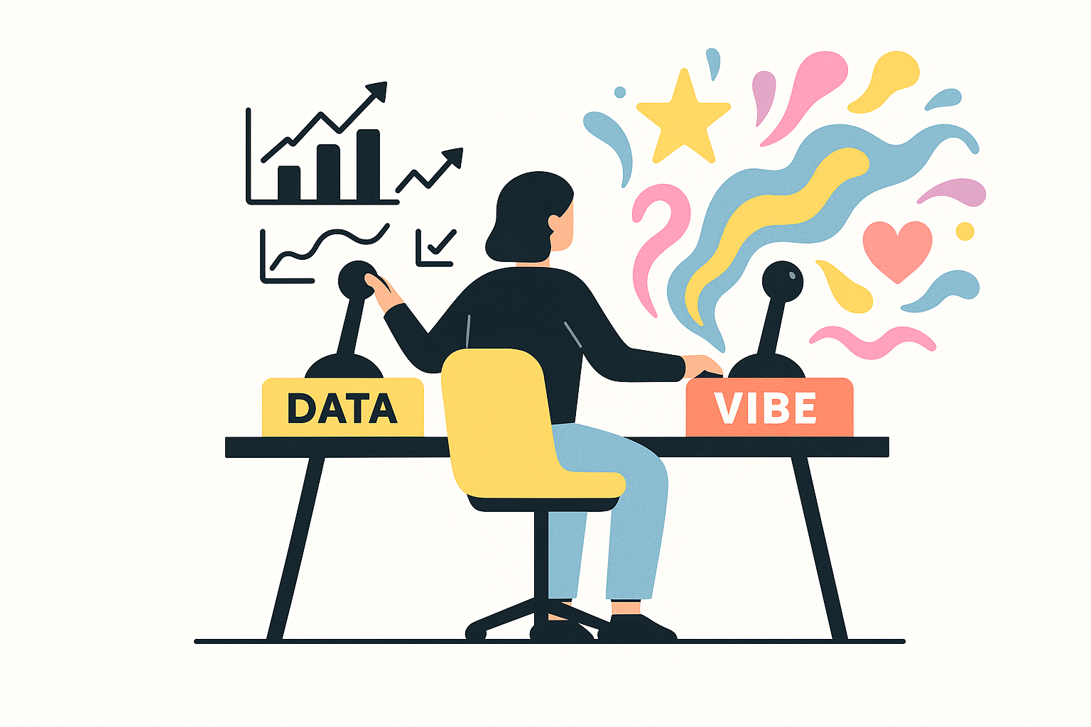 Vector illustration of a marketer at a desk pulling two levers, one labeled Data with graphs and charts, the other labeled Vibe glowing with colorful waves.