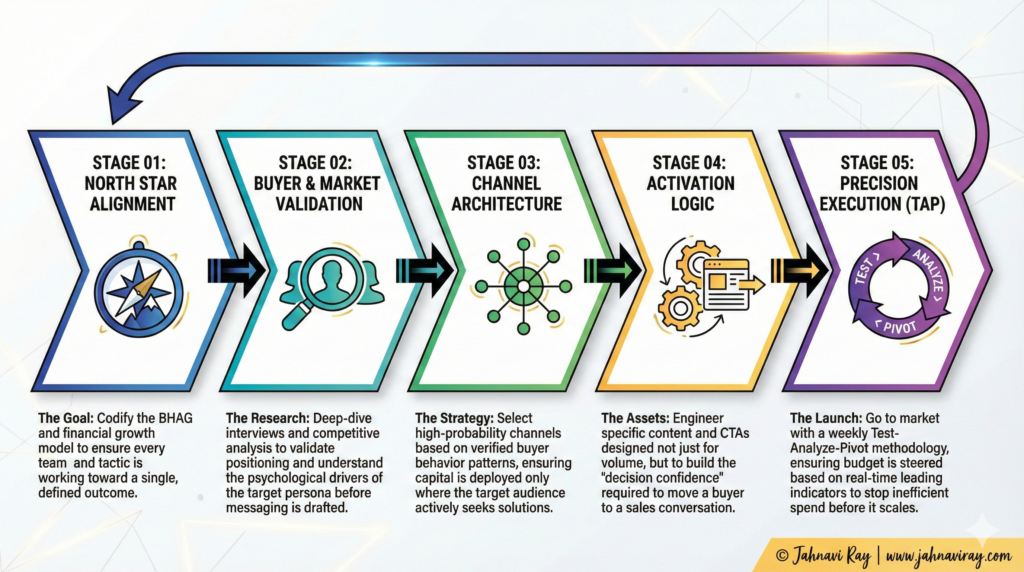 A sequential 5-stage GTM Operating System infographic by Jahnavi Ray, detailing the path from North Star Alignment and Buyer Validation to Channel Architecture, Activation Logic, and Precision Execution (TAP) to protect unit economics and stabilize revenue.